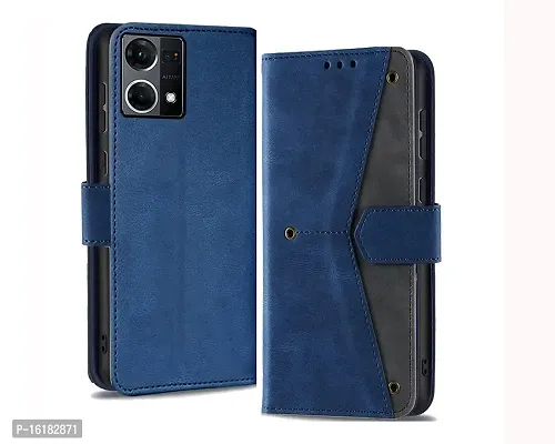 Mobcure Splicing PU Leather Case for Oppo F21 Pro 4G |Retro Full Protection Premium Flip Cover Wallet Case with Magnetic Closure Kickstand Card Slots (Blue with Gray)-thumb0