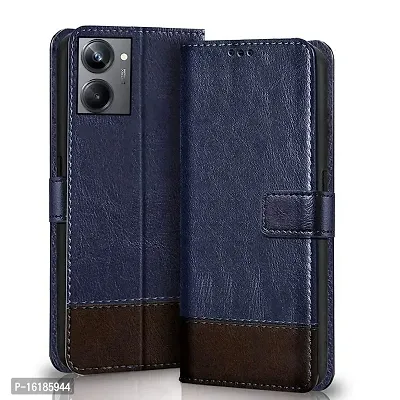 Mobcure Double Shade Flip Cover PU Leather Flip Case with Card Holder and Magnetic Stand for Realme 10 (Blue with Coffee)