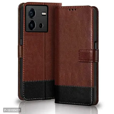 Mobcure Double Shade Flip Cover PU Leather Flip Case with Card Holder and Magnetic Stand for IQOO Neo 6 5G (Brown with Black)-thumb0