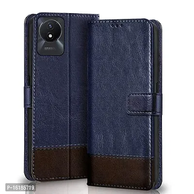 Mobcure Double Shade Flip Cover PU Leather Flip Case with Card Holder and Magnetic Stand for Vivo Y02 (Blue with Coffee)-thumb0