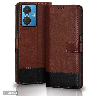 Mobcure Double Shade Flip Cover PU Leather Flip Case with Card Holder and Magnetic Stand for IQOO Z6 Lite (Brown with Black)-thumb0