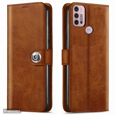 Mobcure Genuine Leather Finish Flip Back Cover Case | Inbuilt Pockets  Stand | Wallet Style | Designer Tich Button Magnet Case for Motorola Moto G20 -Tan Color