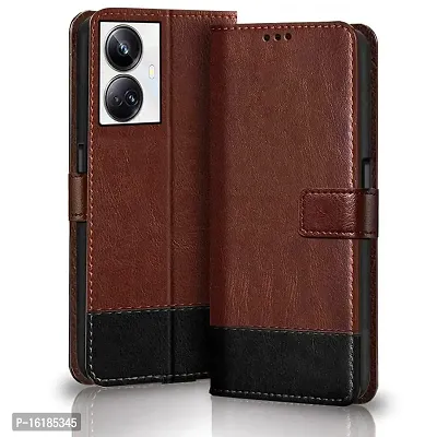Mobcure Double Shade Flip Cover PU Leather Flip Case with Card Holder and Magnetic Stand for Realme 10 Pro Plus 5G (Brown with Black)
