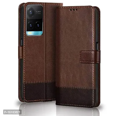 Mobcure Double Shade Flip Cover PU Leather Flip Case with Card Holder and Magnetic Stand for Vivo Y21s (Brown with Coffee)-thumb0
