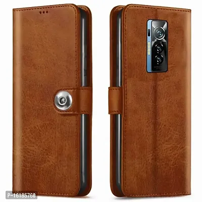 Mobcure Genuine Leather Finish Flip Back Cover Case | Inbuilt Pockets  Stand | Wallet Style | Designer Tich Button Magnet Case for Tecno Phantom X -Tan Color