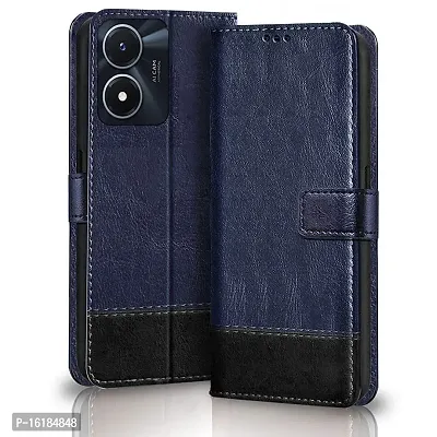 Mobcure Double Shade Flip Cover PU Leather Flip Case with Card Holder and Magnetic Stand for Vivo Y02s (Blue with Black)