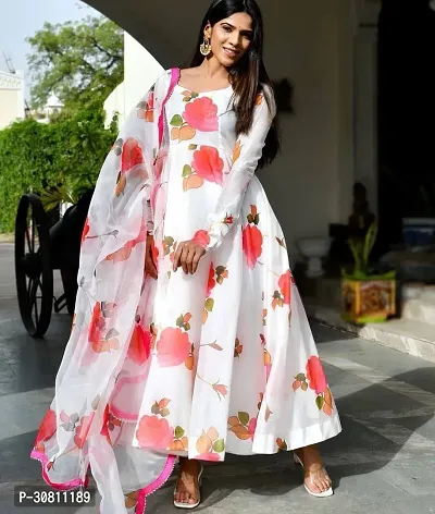 Beautiful Georgette White Printed Gown With Dupatta For Women-thumb0