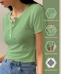 Solid Women V Neck Light Green T Shirt-thumb2