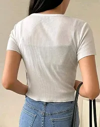 Solid Women V Neck White T Shirt-thumb1