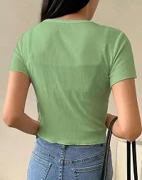 Solid Women V Neck Light Green T Shirt-thumb3