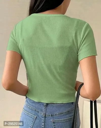 Solid Women V Neck Light Green T Shirt-thumb4