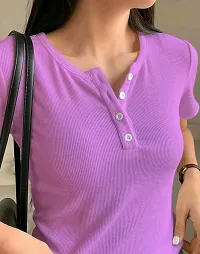 Solid Women V Neck Purple T Shirt-thumb2