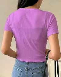 Solid Women V Neck Purple T Shirt-thumb3