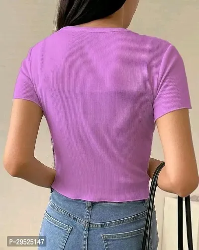 Solid Women V Neck Purple T Shirt-thumb4