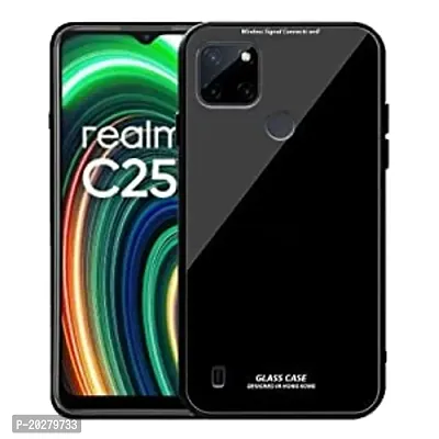 GoldFox Luxurious Glass Back Case Cover with Soft Edge Protective TPU Bumper for Realme C25Y - Black-thumb0