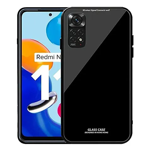 CASSIEY Glass Back Cover for Redmi Note 11S l Luxury Look Imported Glass with Silicon Bumper Protection Glass Case Cover Black