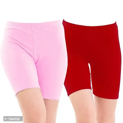 STYLE PITARA Biowashed 220 GSM Cotton Lycra Cycling Shorts for Girls/Women/Ladies Combo (Pack of 2) Baby Pink and Red-thumb0