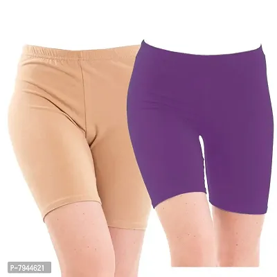STYLE PITARA Biowashed 220 GSM Cotton Lycra Cycling Shorts for Girls/Women/Ladies Combo (Pack of 2) Beige and Purple-thumb0