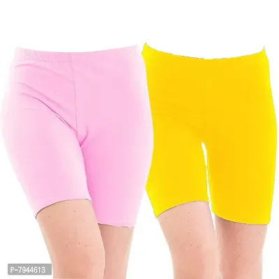 STYLE PITARA Biowashed 220 GSM Cotton Lycra Cycling Shorts for Girls/Women/Ladies Combo (Pack of 2) Baby Pink and Yellow-thumb0