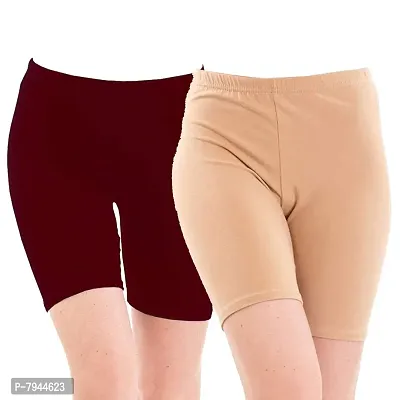 STYLE PITARA Biowashed 220 GSM Cotton Lycra Cycling Shorts for Girls/Women/Ladies Combo (Pack of 2) Beige and Maroon-thumb0