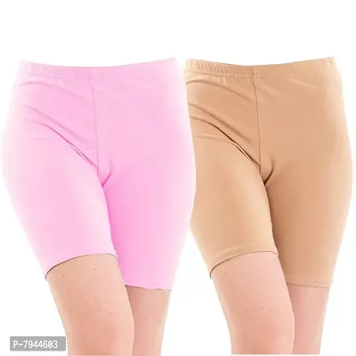STYLE PITARA Biowashed 220 GSM Cotton Lycra Cycling Shorts for Girls/Women/Ladies Combo (Pack of 2) Baby Pink and Beige-thumb0