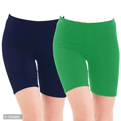 STYLE PITARA Biowashed 220 GSM Cotton Lycra Cycling Shorts for Girls/Women/Ladies Combo (Pack of 2) Navyblue,Green