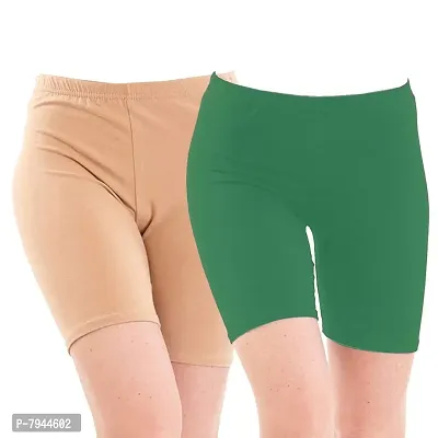 STYLE PITARA Biowashed 220 GSM Cotton Lycra Cycling Shorts for Girls/Women/Ladies Combo (Pack of 2) Beige and Dark Green-thumb0