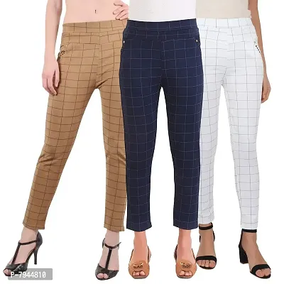 STYLE PITARA Women's/Girls/Ladies Check Pattern Pant Pack of 3 (Beige,White,Navyblue) - Free Size
