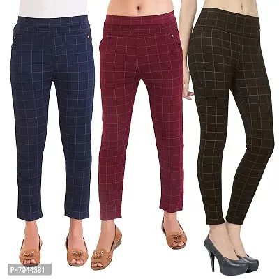 STYLE PITARA Women's/Girls/Ladies Check Pattern Pant 3(Navy Blue, Maroon and Brown) - Free Size