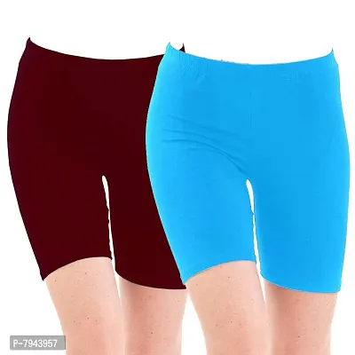 STYLE PITARA Biowashed 220 GSM Cotton Lycra Cycling Shorts for Girls/Women/Ladies Combo (Pack of 2) Maroon,SkyBlue