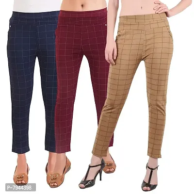 STYLE PITARA Women's/Girls/Ladies Check Pattern Pant 3(Navy Blue, Maroon and Beige) - Free Size