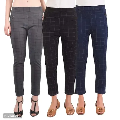 STYLE PITARA Women's/Girls/Ladies Check Pattern Pant Pack of 3 (Grey,Navyblue,Black) - Free Size