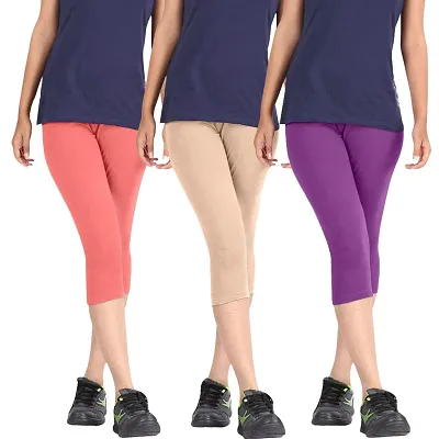 Buy STYLE PITARA Women Bio-Washed 220 GSM 3/4th Capri, 4 Way Stretchable,  Combo Pack of 3 (Baby Pink, Beige, Purp) - Free Size - Lowest price in  India