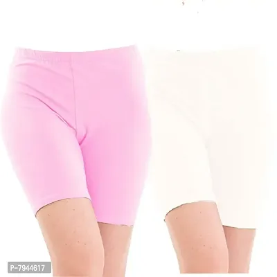 STYLE PITARA Biowashed 220 GSM Cotton Lycra Cycling Shorts for Girls/Women/Ladies Combo (Pack of 2) Baby Pink and White-thumb0