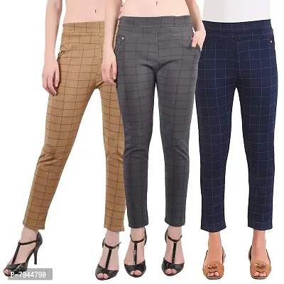 STYLE PITARA Women's/Girls/Ladies Check Pattern Pant Pack of 3 (Beige,Navyblue,Grey) - Free Size-thumb0