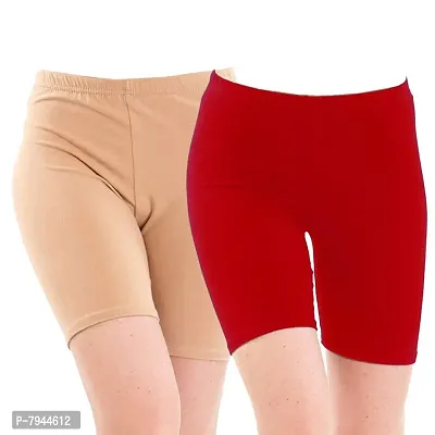 STYLE PITARA Biowashed 220 GSM Cotton Lycra Cycling Shorts for Girls/Women/Ladies Combo (Pack of 2) Beige and Red-thumb0