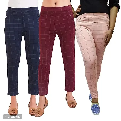 STYLE PITARA Women's/Girls/Ladies Check Pattern Pant 3(Navy Blue, Maroon and Baby Pink) - Free Size