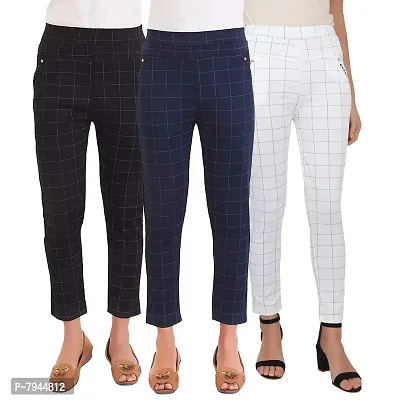 STYLE PITARA Women's/Girls/Ladies Check Pattern Pant Pack of 3 (Black,White,Navyblue) - Free Size