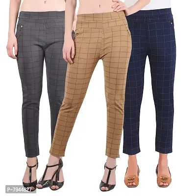 STYLE PITARA Women's/Girls/Ladies Check Pattern Pant Pack of 3 (Grey,Navyblue,Beige) - Free Size