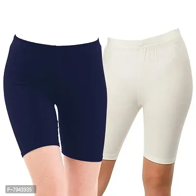 STYLE PITARA Biowashed 220 GSM Cotton Lycra Cycling Shorts for Girls/Women/Ladies Combo (Pack of 2) Navyblue,White