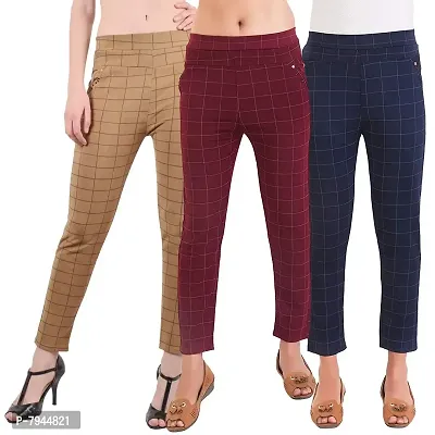STYLE PITARA Women's/Girls/Ladies Check Pattern Pant Pack of 3 (Beige,Navyblue,Maroon) - Free Size