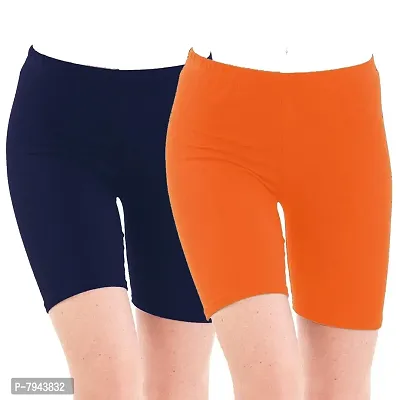 STYLE PITARA Biowashed 220 GSM Cotton Lycra Cycling Shorts for Girls/Women/Ladies Combo (Pack of 2) Navyblue,Orange