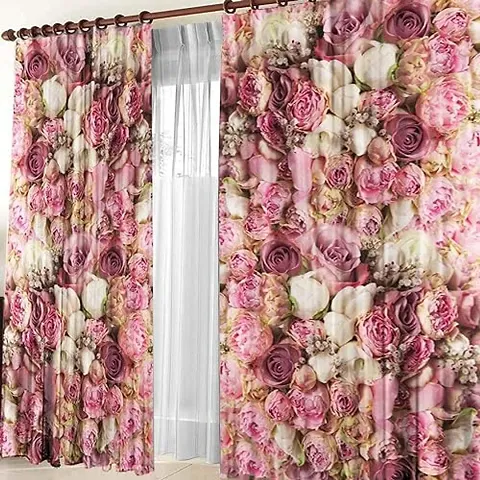 GOAL 3D Rose Flowers Digital Printed Polyester Fabric Curtains for Bed Room, Living Room Kids Room Color Pink Window/Door/Long Door (D.N.165)