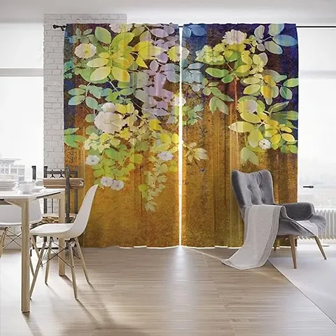 GOAL 3D Leaves Digital Printed Polyester Fabric Curtains for Bed Room, Living Room Kids Room Color Yellow Window/Door/Long Door (D.N.204)