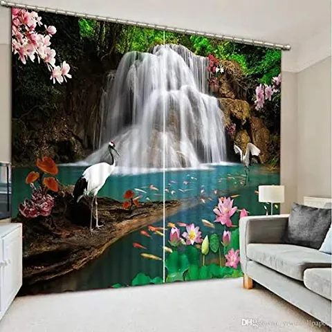 GOAL 3D Scenery Waterfall Digital Printed Polyester Fabric Curtains for Bed Room, Living Room Kids Room Color Green Window/Door/Long Door (D.N.136)