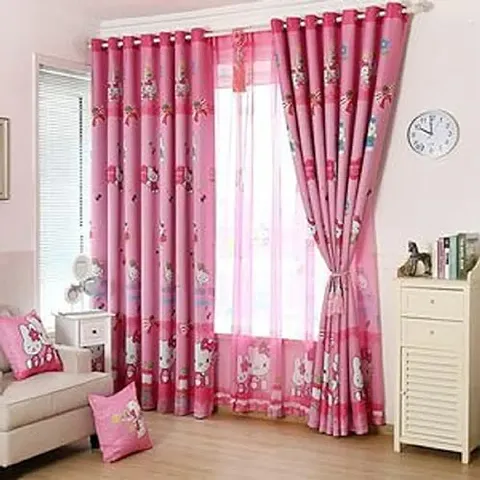 GOAL 3D Kitty Digital Printed Polyester Fabric Curtains for Bed Room, Living Room Kids Room Color Pink Window/Door/Long Door (D.N.02)