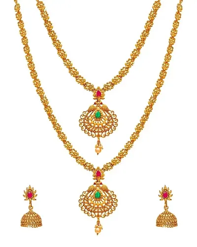 The Luxor Fashion Jewellery Latest Trendy Designer Pearl & American Diamond Gold Plated Bridal Temple Jewellery Set For Girls and Women