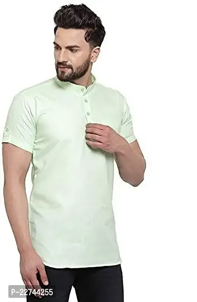 Reliable Green Cotton Blend Solid Short Length Kurta For Men