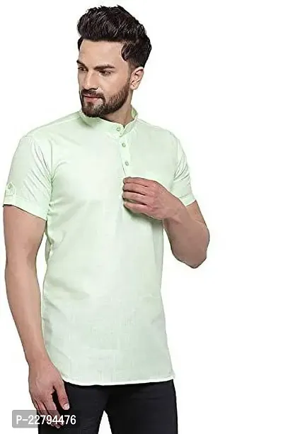 Reliable Green Cotton Blend Solid Short Length Kurta For Mens