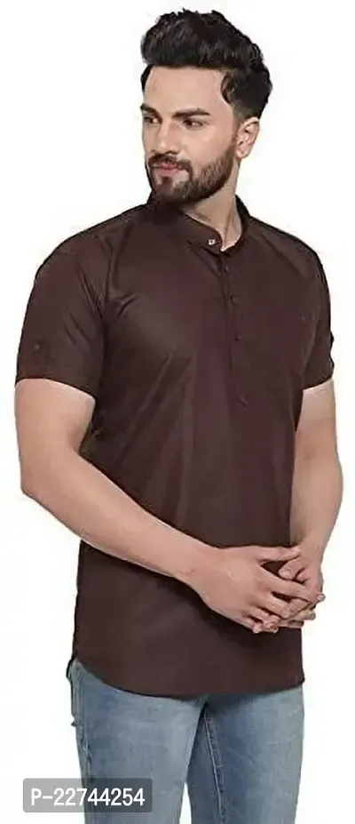 Reliable Brown Cotton Blend Solid Short Length Kurta For Men